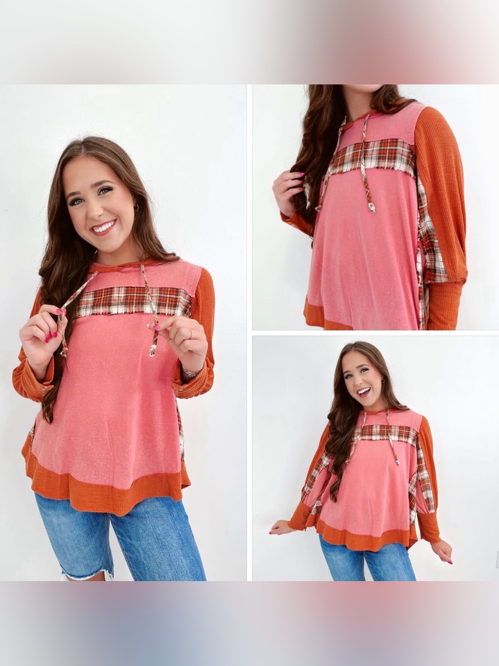 POL Pink Hooded mixed Textile Shirt with Rust Trim & Plaid Panels, Size Medium